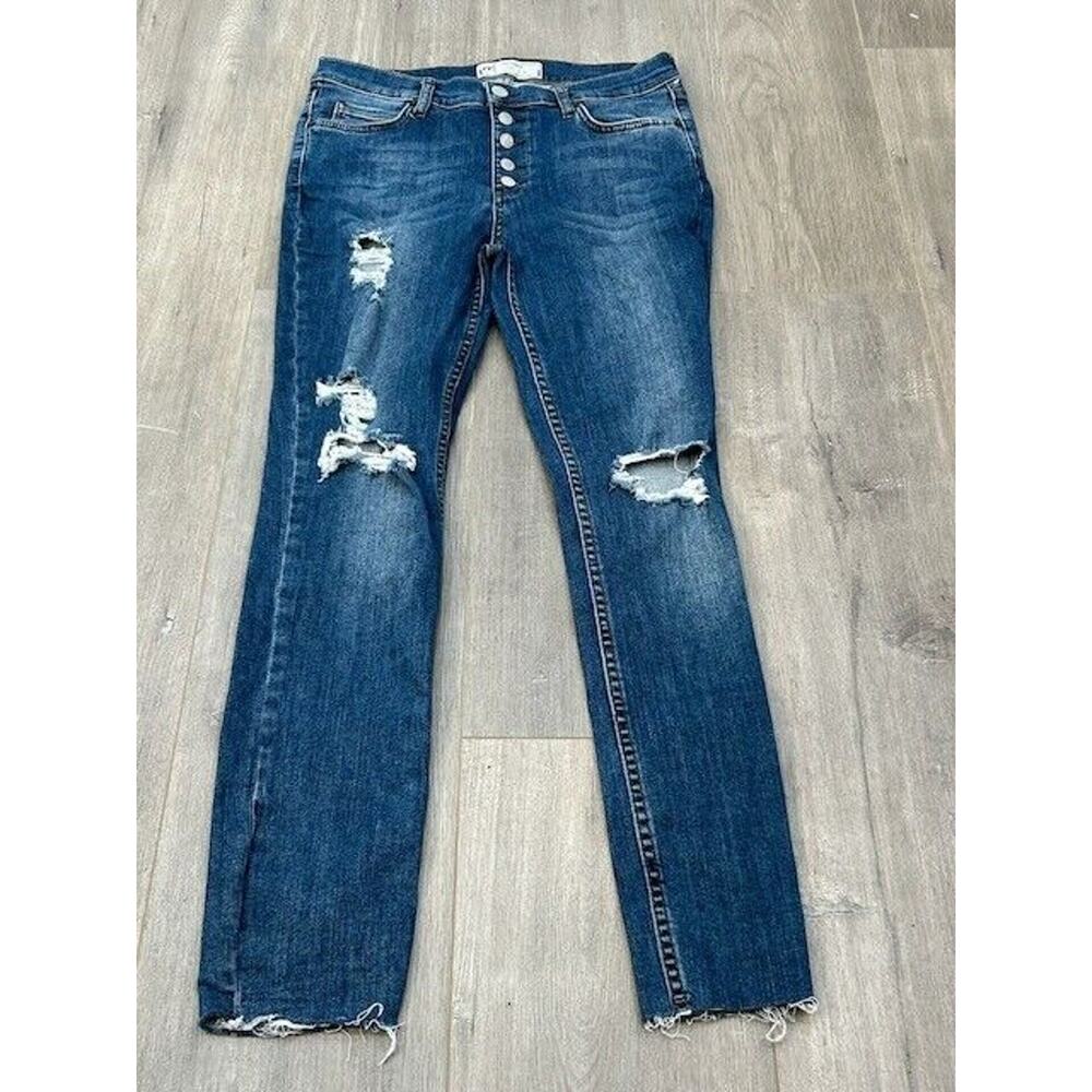 Free People Skinny Jeans Distressed Raw Hem Button Fly Denim Dark Wash Size 29
